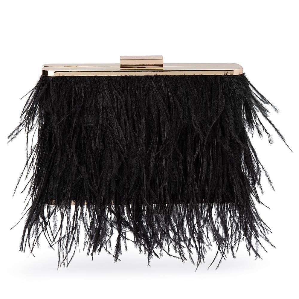 ESTELLE Feather Clutch Black Front View - Olga Berg